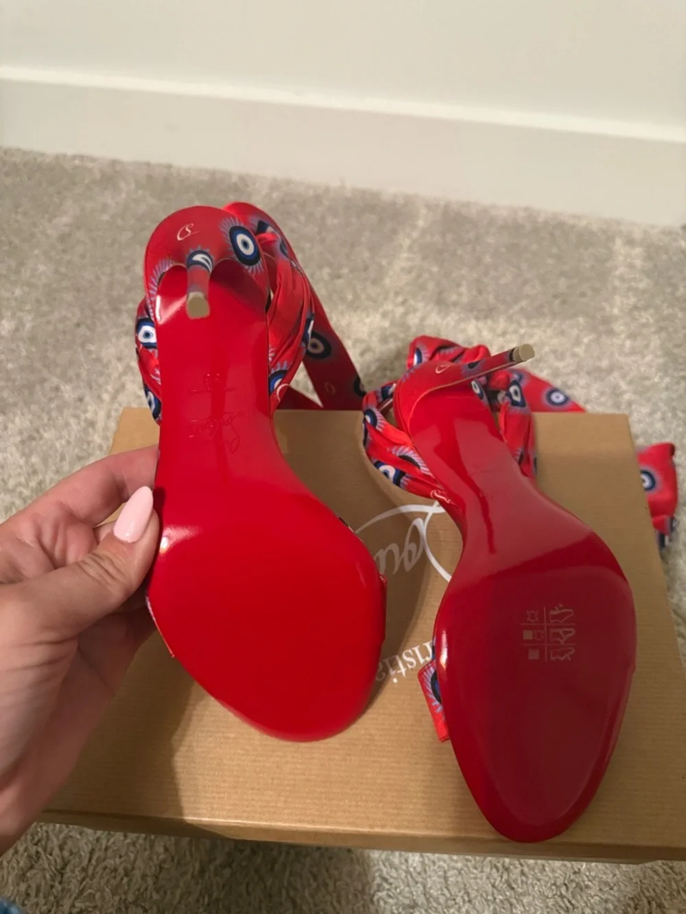 Christian Louboutin Red Satin Eye-Print Stiletto Sandals with Ankle Tie - Picture 3 of 6